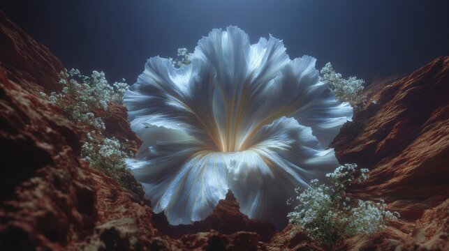 Glowing white ethereal flower blooming between rugged orange rock formations in dark mysterious cavern environment with tiny white blossoms