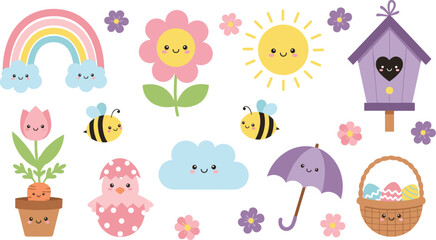Naklejka premium Cute spring elements collection with rainbow sun flowers bees and Easter decorations, kawaii cartoon illustration set for kids