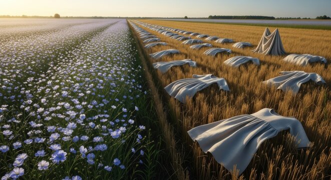 a field of flax plants (Linum usitatissimum), which are cultivated to produce flaxseed and fibers used to make linen textiles
