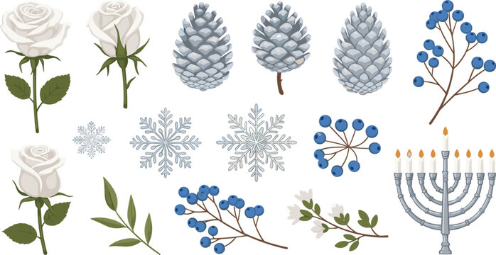 Winter Holiday Vector Set with White Roses, Pinecones, Snowflakes, Blue Berries, and Menorah for Seasonal, Christmas, and Hanukkah Designs