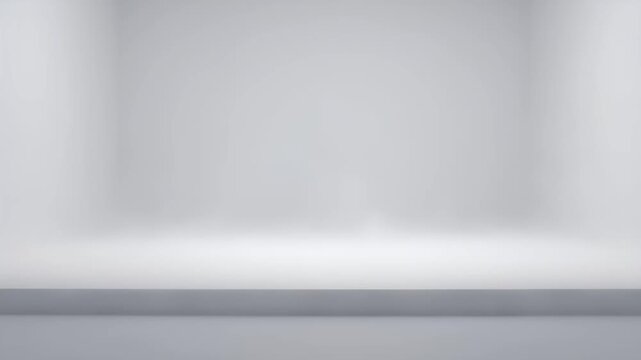 Abstract white studio background with thick flowing fog filling the empty floor space in slow motion cinematic 3d animation.