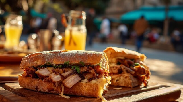 Crispy Chicharron Sandwich with Roasted Pork Pickled Vegetables and Sauce on Toasted Bread Street Food Style