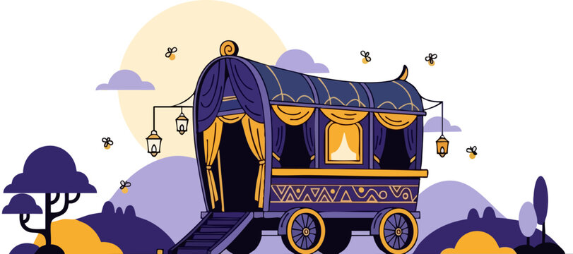 Bohemian gypsy wagon vector illustration, vintage vardo caravan with ornate curtains and lanterns, whimsical traveling circus carriage in nature