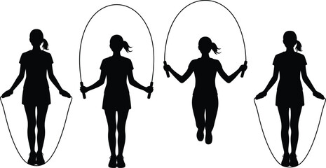 Female athlete skipping rope collection silhouette vector icon set for cardio exercise healthy lifestyle wellness activity and physical body training. © Sumaiya