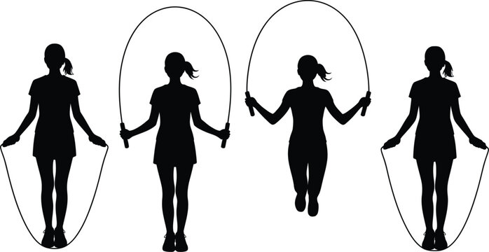 Female athlete skipping rope collection silhouette vector icon set for cardio exercise healthy lifestyle wellness activity and physical body training.