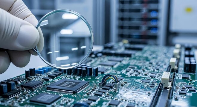 Close-Up Inspection of Circuit Board with Magnifying Glass in Lab