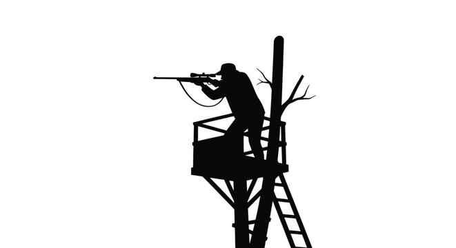 hunter aiming rifle from elevated platform silhouette on transparent background