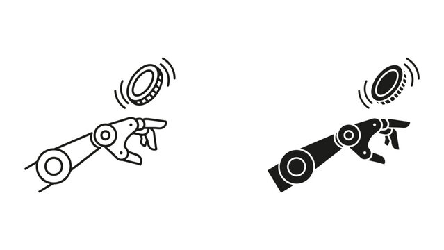 Robot arms reaching for coins in motion with abstract wave lines around them in black and white