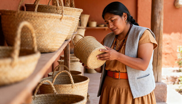 Indigenous artisan woman inspecting a handmade woven basket in her shop. Female entrepreneur selling traditional crafts at a local market. Small business and cultural craftsmanship concept