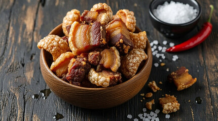 Fototapeta premium Crispy golden pork cracklings with rustic flavor, chili spice and authentic comfort delight.