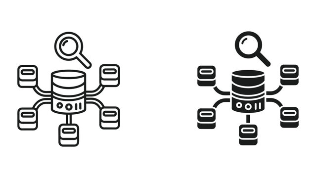 Black and white line icons of database servers with magnifying glass on white background for data analysis and search concept