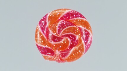 Obraz premium Single round swirl lollipop with vibrant pink and orange stripes covered in sparkling edible glitter on plain light gray background