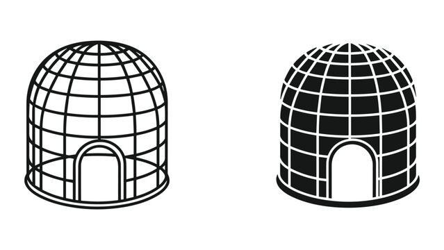 Vector illustration of two igloo cage structures in black and white on isolated white background