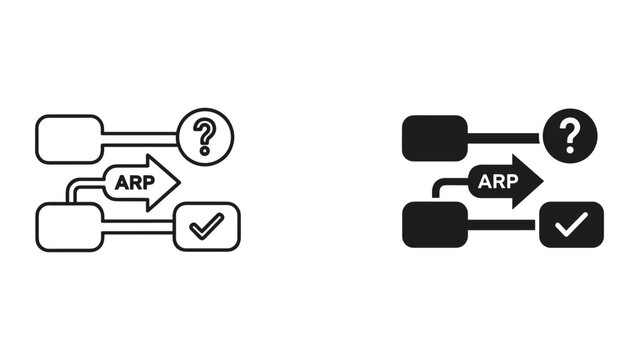 Black and white line icons of address resolution protocol workflow with question mark and checkmark