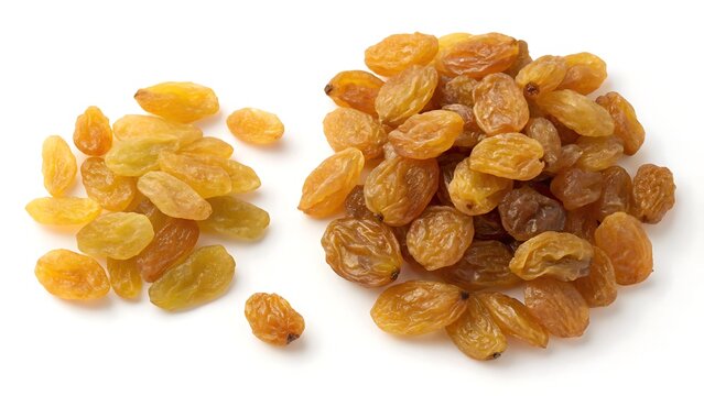 featuring two Brown raisin distinct piles of golden sultana raisins isolated on a seamless white background, showcasing their translucent color and wrinkled texture.