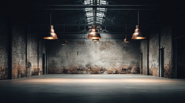 Industrial warehouse interior with vintage copper pendant lights.