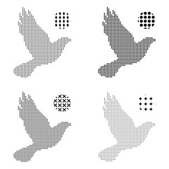 Obraz premium Set of flying bird silhouettes created with different halftone dot patterns and geometric shapes for creative logo and modern graphic design vector