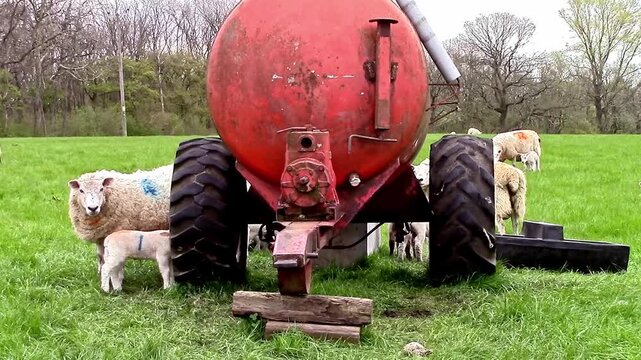 Lambs and a ewe looking round an orange coloured water bowser in a field