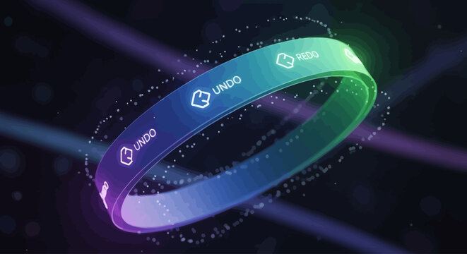 Vibrant digital undo concept visualized as a glowing, iridescent circular ring with ethereal particles, embodying interactive control, correction, and system recovery