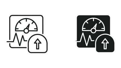 Fototapeta premium Vector icons of two colored black and white medical heartbeat rate gauge signs with an upward arrow on a white background