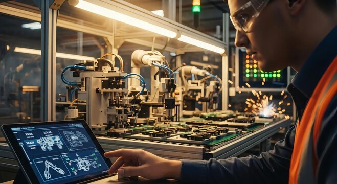 Engineer Working on Tablet in Modern Manufacturing Facility