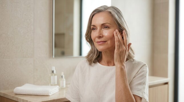 Beautiful mature woman with glowing skin touching her face in bathroom, senior skincare and wellness