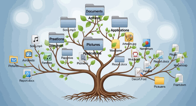 Digital information organization concept represented as a tree of files and folders on a computer system