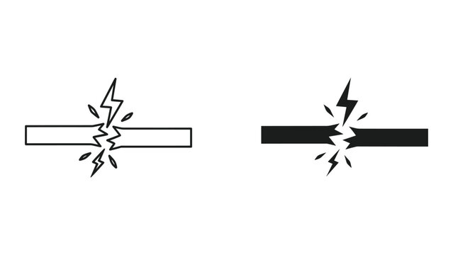 Black and white line break icons with lightning bolt cracks and sparks on isolated white background
