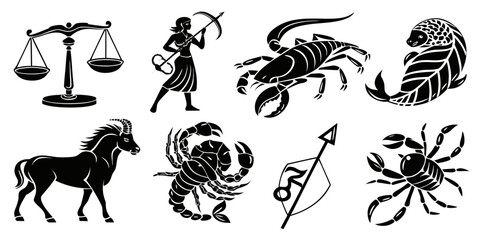 Astrology zodiac signs collection including scales scorpion goat other horoscope symbols with astrology horoscope astrological sagittarius capricorn heavenly celestial mythology constellation © MST NASIMA KHATUM