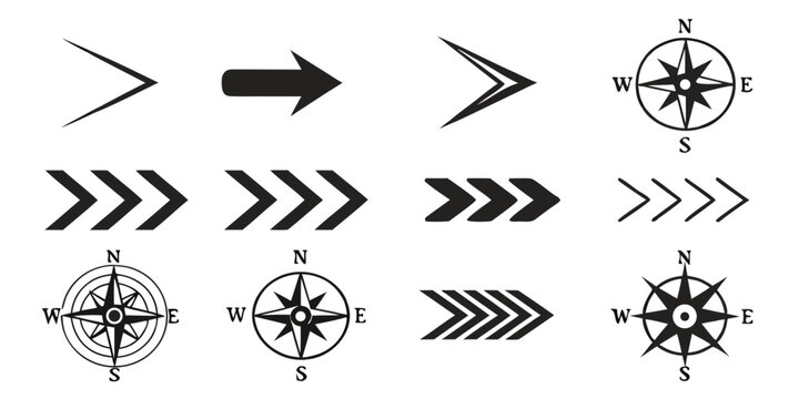 Black graphic collection of directional arrows and nautical navigation compasses with direction navigation collection isolated illustration cartography geography movement infographic elements