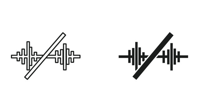 Vector icons of two crossed dumbbells with line through them in black and white on white background