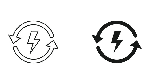 Black and white icons of lightning bolt with circular arrows on white background
