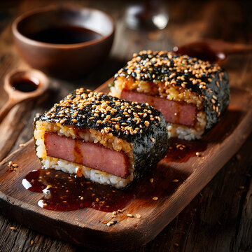 Spam Musubi sushi with grilled spam and rice wrapped in crispy nori, Hawaiian Japanese fusion street food on rustic wooden board with sesame seeds and savory glaze in gourmet food photography