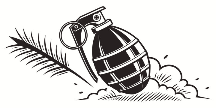 Stylized illustration of a hand grenade with smoke and palm frond leaves explosive military tactical illustration silhouette conflict munition detonation isolated abstract dangerous