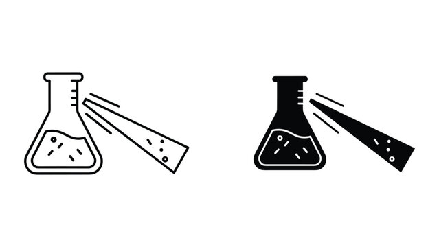 Black and white line icons of laboratory equipment with pipette adding substance to beaker