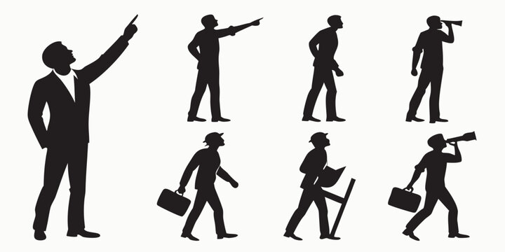 Business people silhouette collection showing pointing and holding various office items with full length silhouette business pointing businessman professional briefcase megaphone illustration