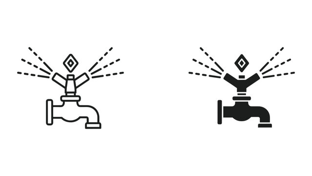 Black and white line icons of water taps with diamond on top and water spraying out isolated on white background