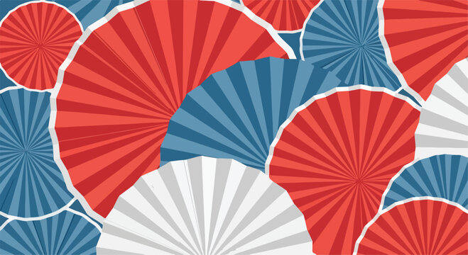 A colorful abstract pattern of overlapping red, blue, and white shapes