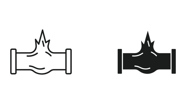 Black and white line icons of burning pipe with smoke and flames on isolated white background for industrial or safety concepts