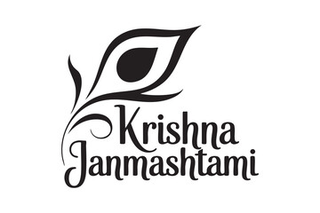 Fototapeta premium Krishna Janmashtami Typography Vector – Elegant Calligraphy Lettering with Peacock Feather for Hindu Festival Greeting