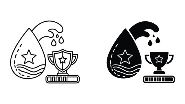 Black and white line and solid icon set of a water drop with a star and trophy