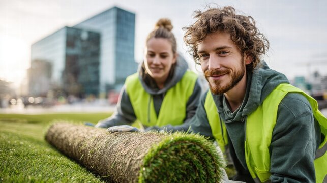 Two landscapers installing sod in an urban setting, smiling at the camera.