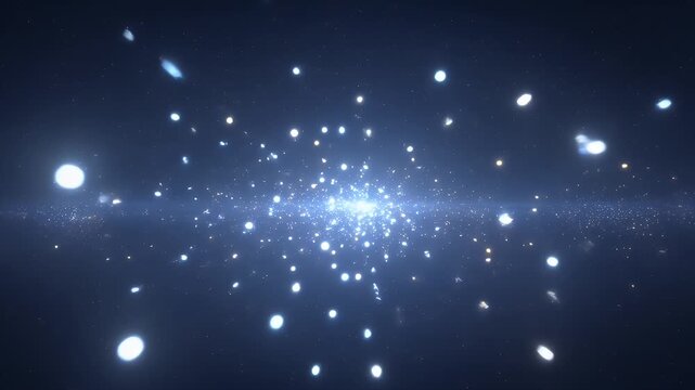 Abstract space background featuring bright glowing blue particles moving through dark cosmic void in cinematic motion.