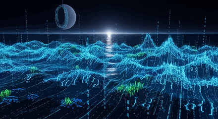 Abstract digital ocean with futuristic planet in the background and glowing geometric patterns symbolizing data streams © Simon