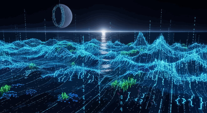 Abstract digital ocean with futuristic planet in the background and glowing geometric patterns symbolizing data streams