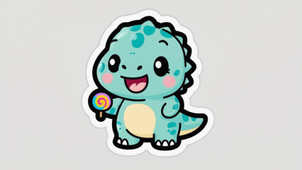 Obraz premium sticker style baby dinosaur holding lollypop on her hand.ai 