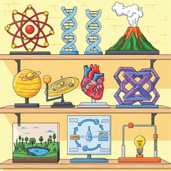 Colorful science models on shelves © Linda