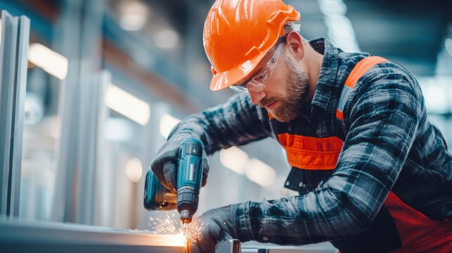 Construction worker using a drill in a workshop