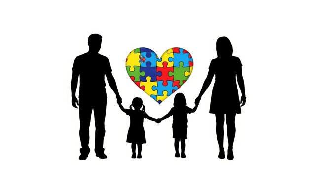 Autism awareness family silhouette, colorful puzzle heart symbol, neurodiversity support concept with parents and children holding hands