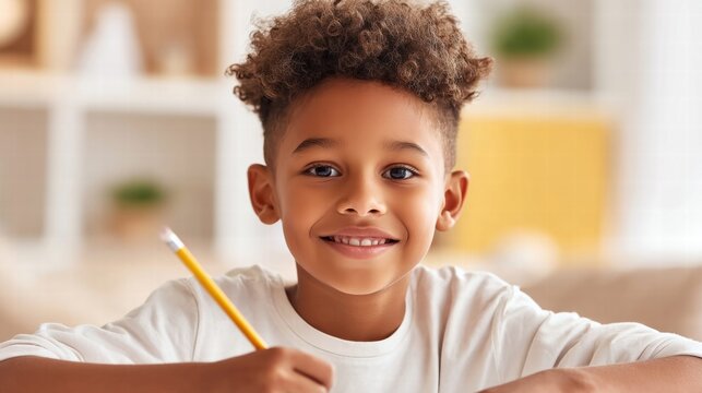 Smiling young boy with a pencil ready to write or draw.